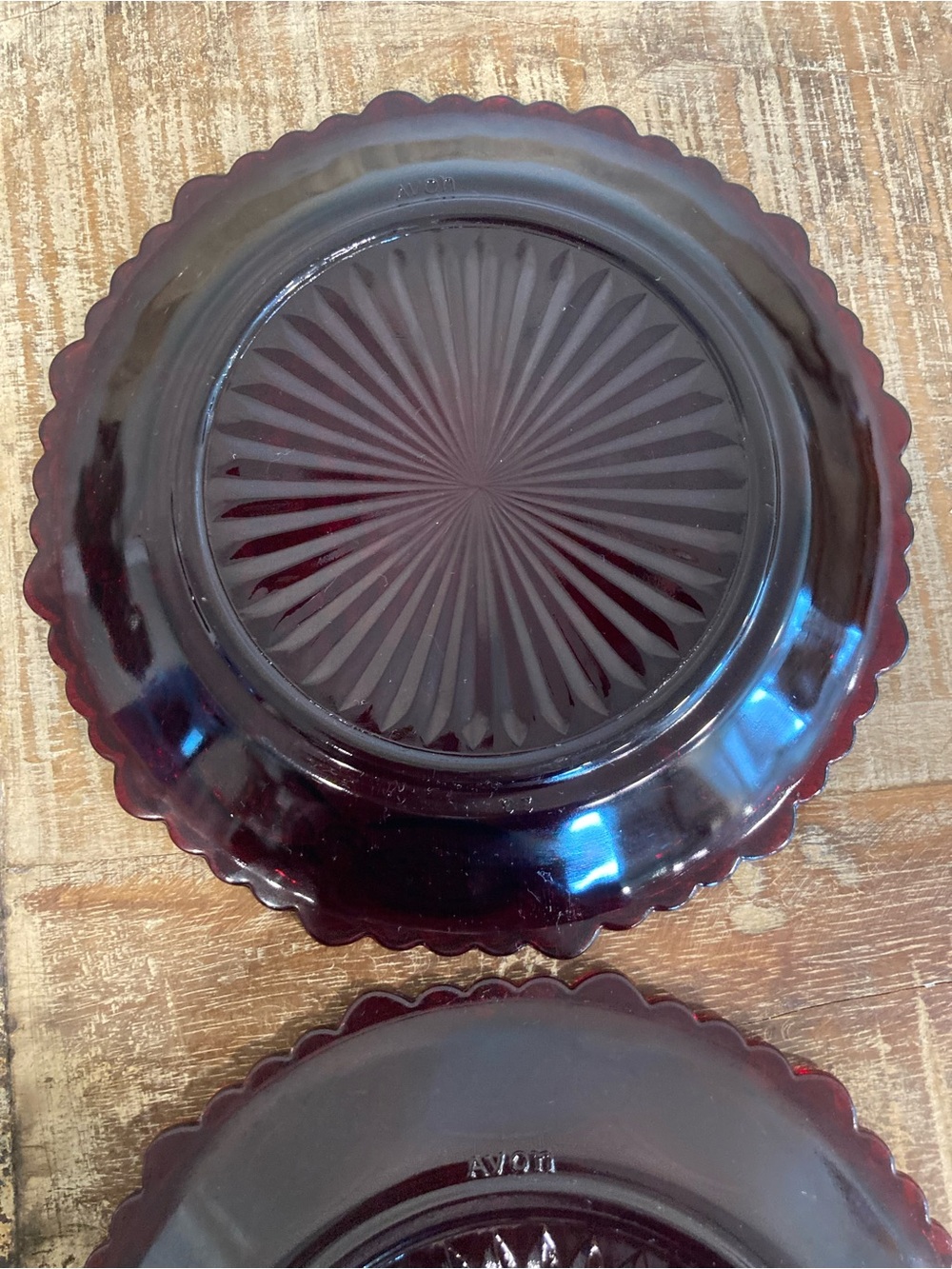 4 Avon Ruby Red Glass Luncheon Salad Dessert Plates 1876 Cape Cod Sunburst Back - Picture 12 of 16